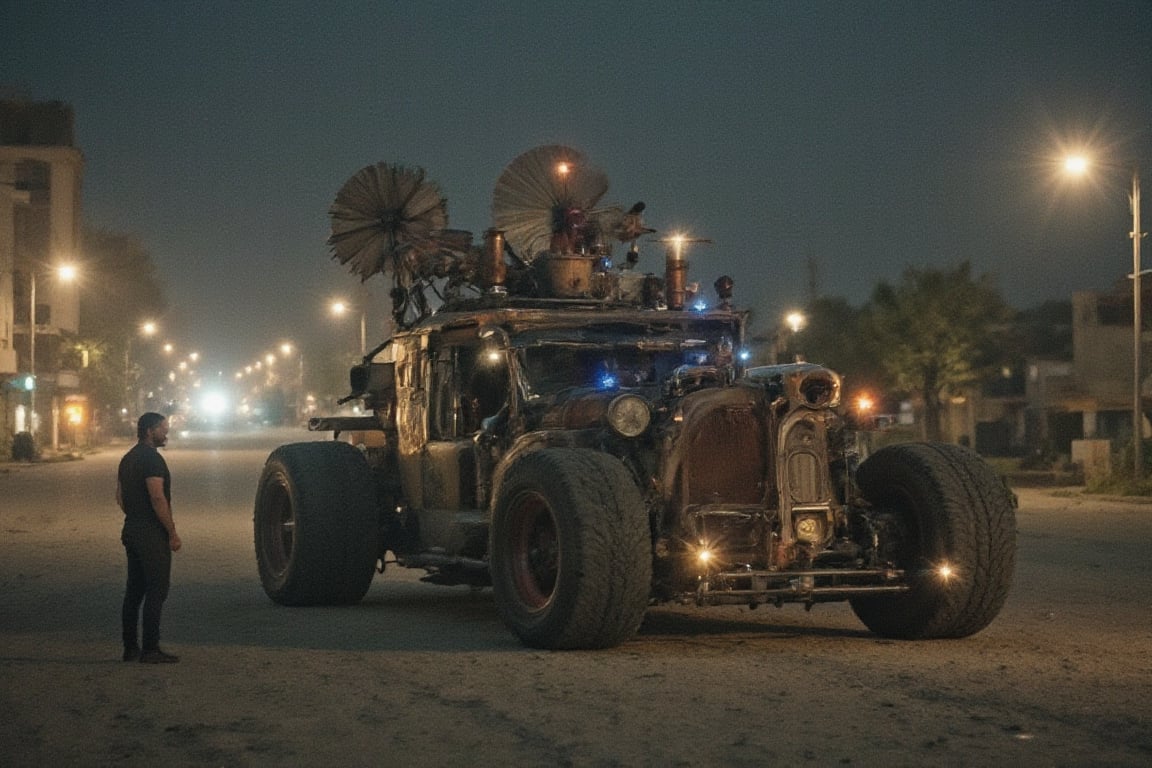 A lone figure stands tall beside a behemoth of steel and copper, a post-apocalyptic steampunk car with intricately designed propellers and glowing blue tubes. The man's rugged features are illuminated by the faint glow of city lights in the background, casting long shadows across the dusty street. In the midst of this desolate landscape, the car stands as a testament to human ingenuity, its 3D rendered blueprint gleaming with an otherworldly sheen.,RAW,Perfect Eyes,Detailed skin,Skin blemish,Fantasy detailers,Enhanced all,hourglass body shape