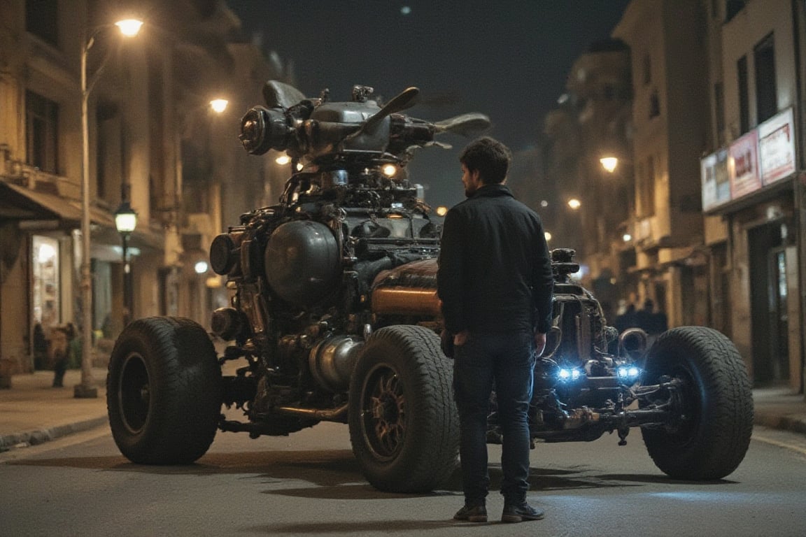 A lone figure stands tall beside a behemoth of steel and copper, a post-apocalyptic steampunk car with intricately designed propellers and glowing blue tubes. The man's rugged features are illuminated by the faint glow of city lights in the background, casting long shadows across the dusty street. In the midst of this desolate landscape, the car stands as a testament to human ingenuity, its 3D rendered blueprint gleaming with an otherworldly sheen.,RAW,Perfect Eyes,Detailed skin,Skin blemish,Fantasy detailers,Enhanced all,hourglass body shape