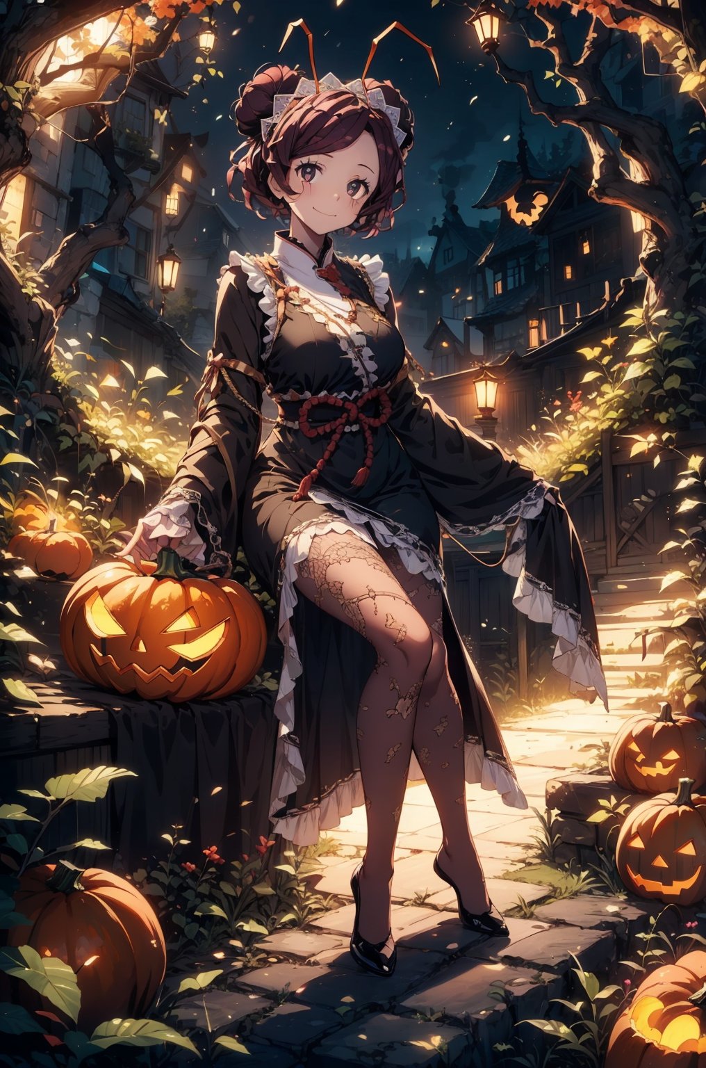 sitting, light smile, witch, Woman dressed in a spooky Halloween costume, holding a carved pumpkin, surrounded by pumpkin,
Entoma Vasilissa Zeta, girl, burgundy hair, short hair, twin buns, insect antennae, porcelain face, red-black eyes, black eyes scars
Slender, skinny, chinese dress, maid hairband,
(masterpiece), (best quality), 8k illustration,
solo,1girl, 
sleeves, large sleeves, looking at viewer, full body,
light,detail,atmosphere,effects,color, ((gigantic spider shadow behind)), 
darkness, night, 