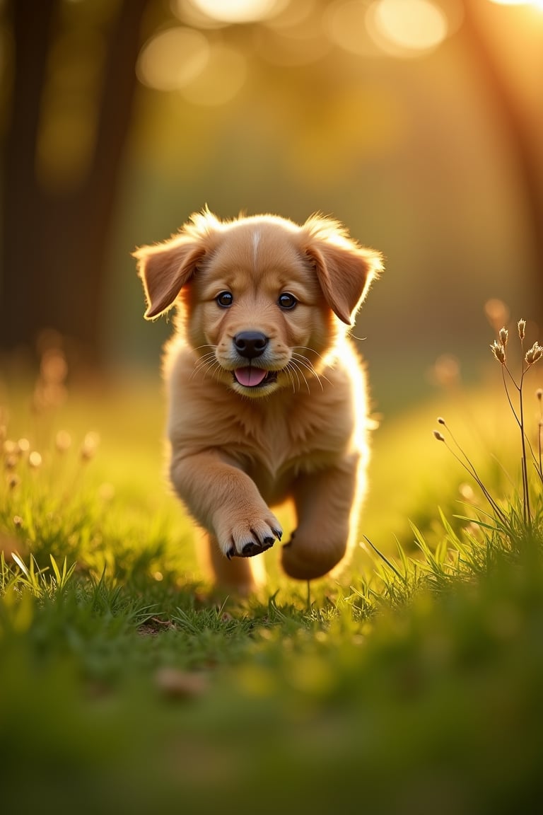 golden is running on a green grass field taken with a canon eos r5 and a 50mm f/1.2l lens