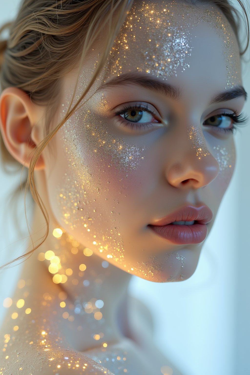 a female, golden cracks on white skin made out of sparkling ck-iced-out-jewelz, high key lighting 