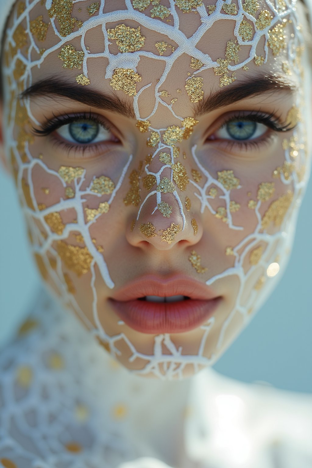 a female, golden cracks on white skin made out of sparkling ck-iced-out-jewelz, high key lighting 