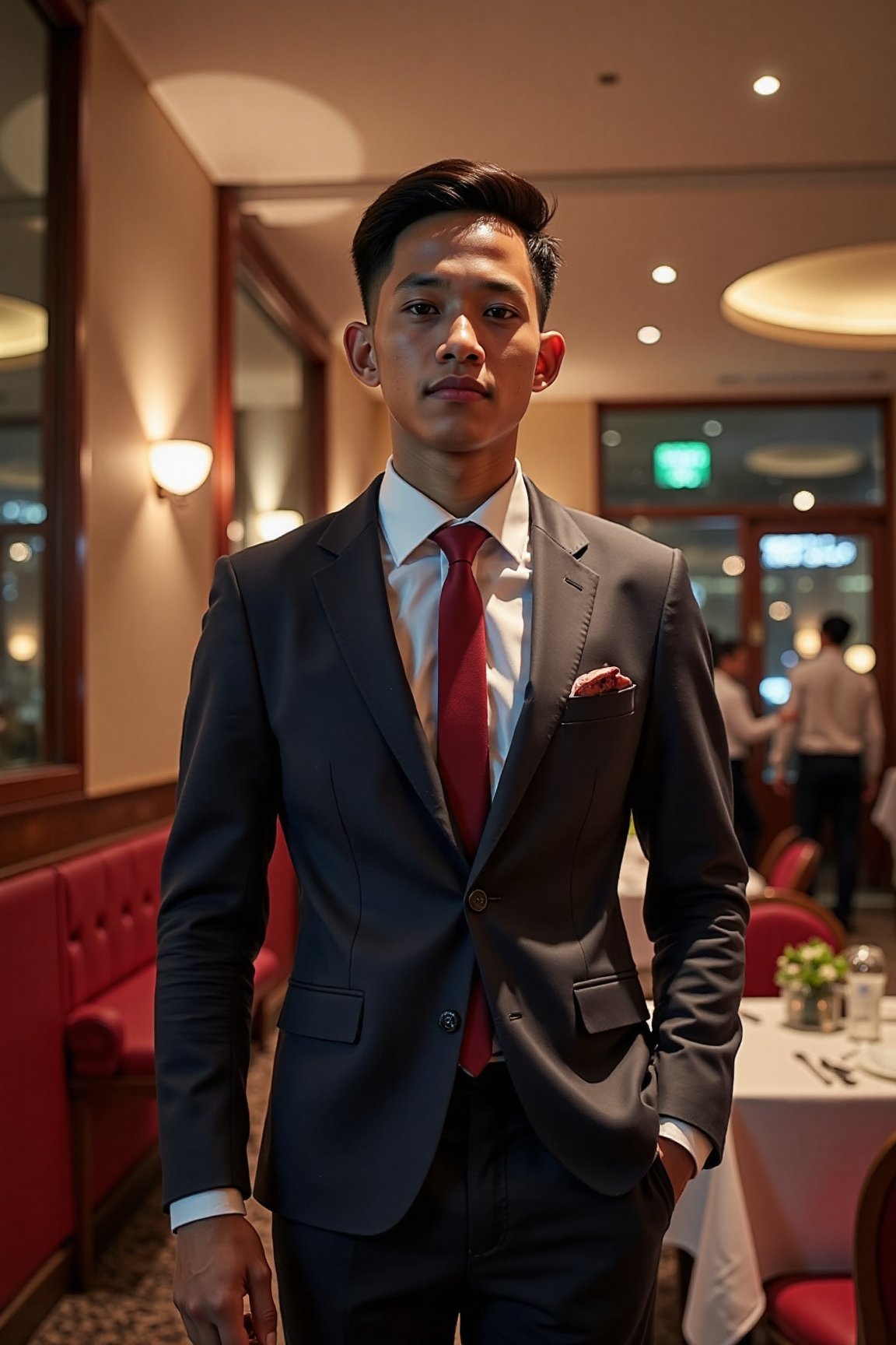 modelbx0 a boy in fancy restaurant wearing suit,Invistyle