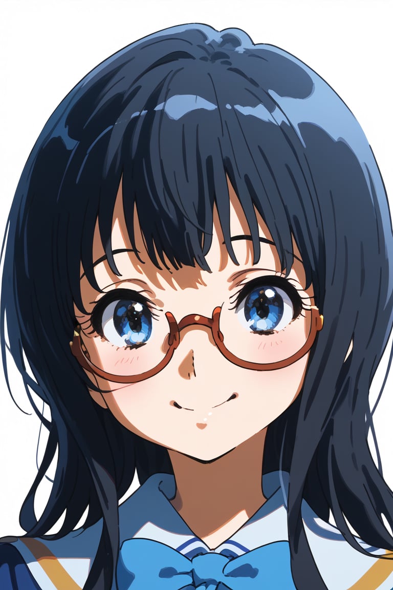 1girl, schoolgirl, simple white background, upper part of body, (waist-up shot:1.3), asuka tanaka from hibike_euphonium show, long hair, black hair, blue eyes, glasses, happy, red cheeks, 