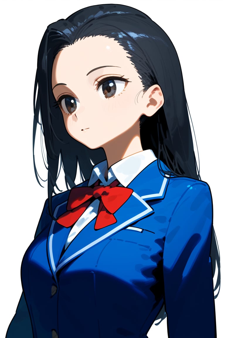 1girl, long hair, black hair, schoolgirl, simple white background, upper part of body, (waist-up shot:1.3), yaoyorozu momo