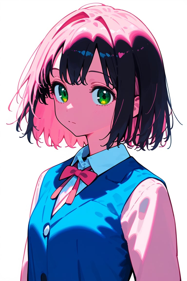 1girl, long hair, black hair, schoolgirl, simple white background, blue theme, pink theme, upper part of body, (waist-up shot:1.3), pink hair, short bob hair, green eyes, sakura haruno, 