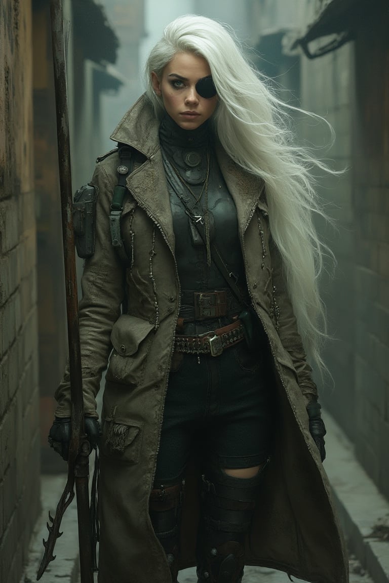 a woman with flowing white hair in an old-fashioned tactical jacket, she holds a long metal spear in her hand. utility belt and robotic prosthetic legs, cyberpunk aesthetic, detailed eyepatch. The image captures a dark and moody ambiance with vintage styling.