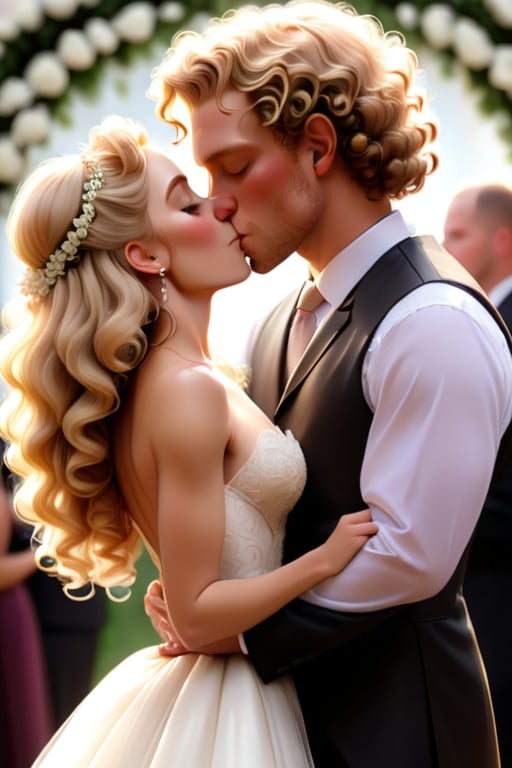 white american women, blond hair, hair slightly curly. white american man, brown curly hair. man and women kissing. Women wearing white wedding dress and man wearing former clothes. Man and women at a wedding ceromony.
