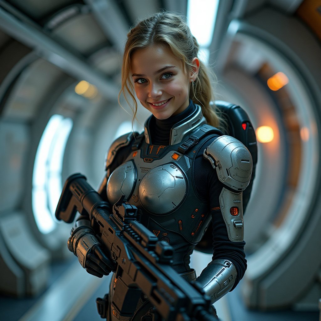 A girl dressed in tight,  futuristic military space clothes. She has a military hairstyle and is standing in a spaceship....
