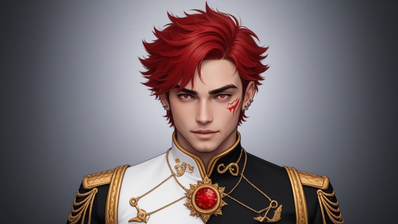 Describe a character based on the following appearance: A young male with striking red hair, styled in a sharp and edgy manner, with several piercings along one ear. His eyes are intense, pale, and slightly menacing, with a mysterious red mark under his right eye. He wears an elegant white outfit, adorned with intricate gold detailing, hinting at nobility or high status. Despite his regal appearance, his overall demeanor suggests rebellion and strength. Write about his backstory, abilities, personality traits, and what motivates him in life. Include how he interacts with others.