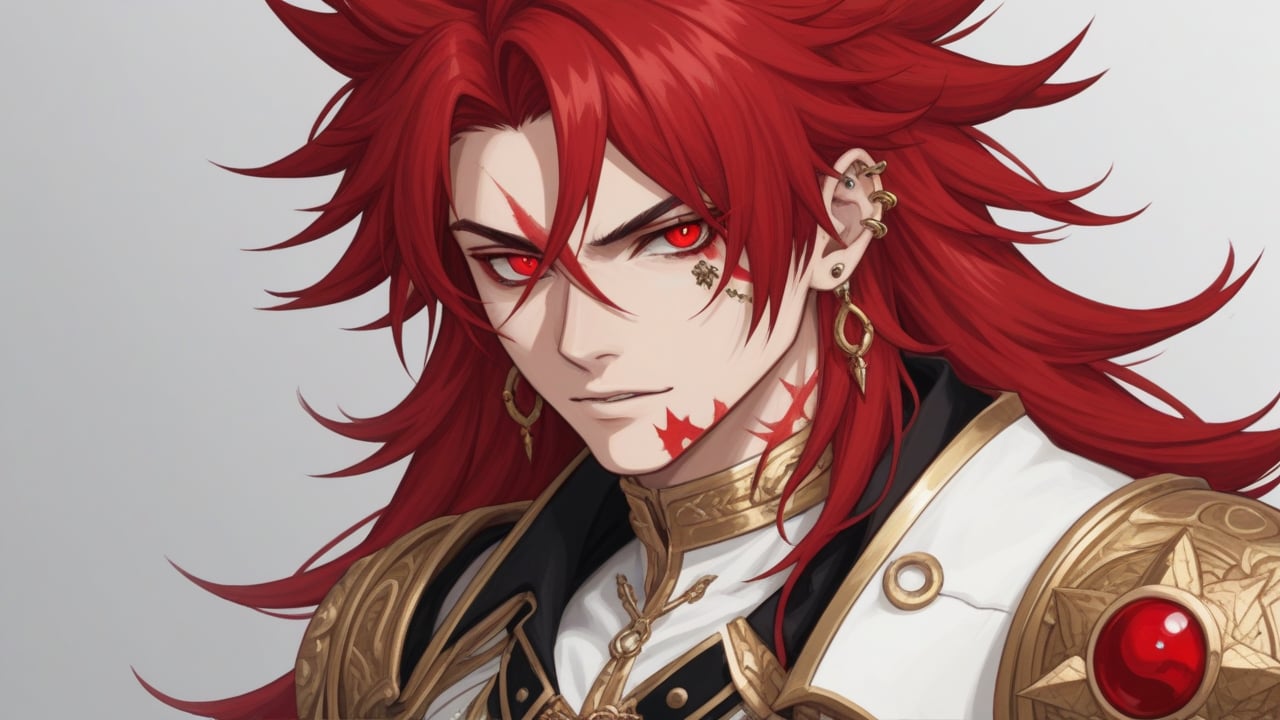 Create an anime-style character with flowing red hair, piercing pale eyes, a red mark under one eye, and multiple piercings in one ear. He wears an ornate white outfit with gold detailing. His expression should be intense, confident, and a bit aloof, giving off a rebellious yet noble vibe.