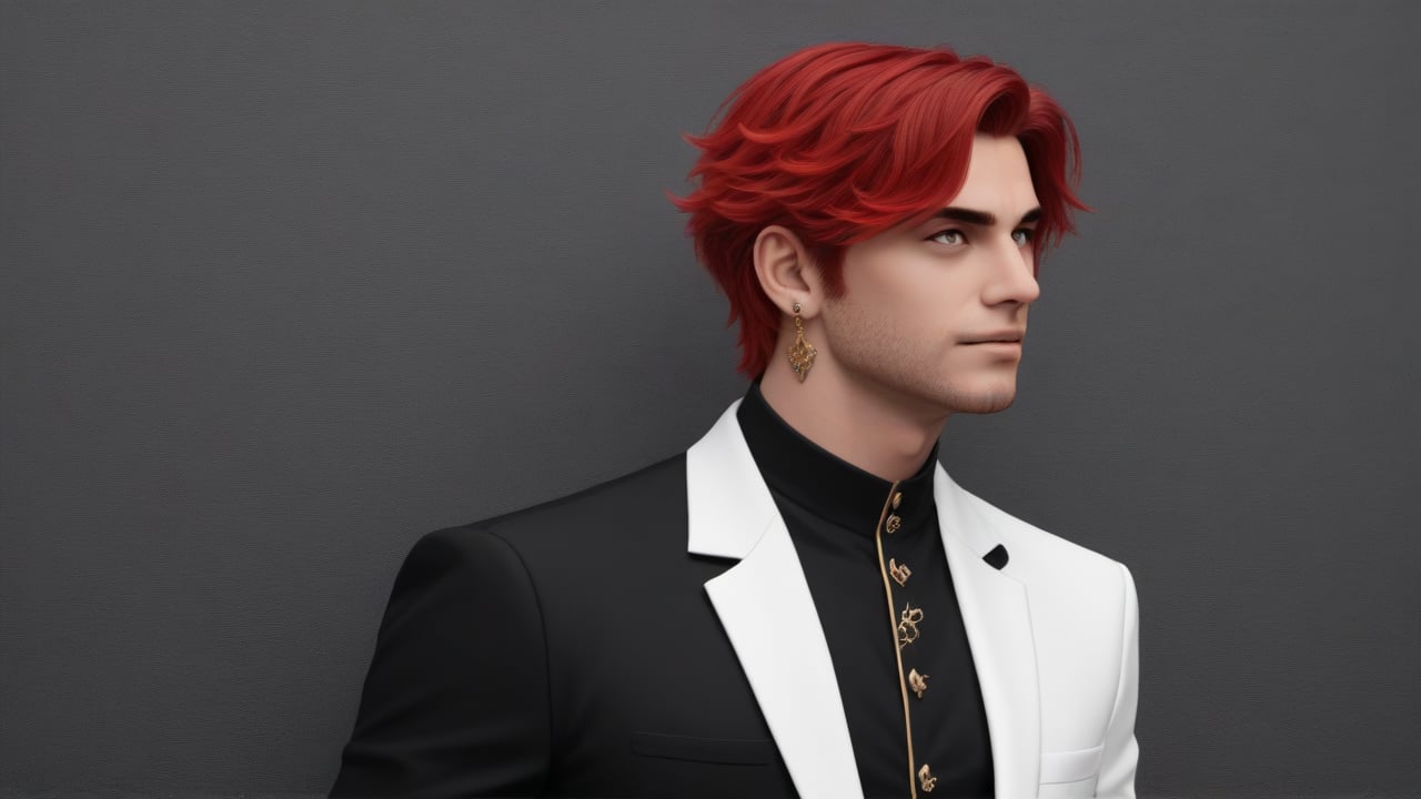 Describe a character based on the following appearance: A young male with striking red hair, styled in a sharp and edgy manner, with several piercings along one ear. His eyes are intense, pale, and slightly menacing, with a mysterious red mark under his right eye. He wears an elegant white outfit, adorned with intricate gold detailing, hinting at nobility or high status. Despite his regal appearance, his overall demeanor suggests rebellion and strength. Write about his backstory, abilities, personality traits, and what motivates him in life. Include how he interacts with others.