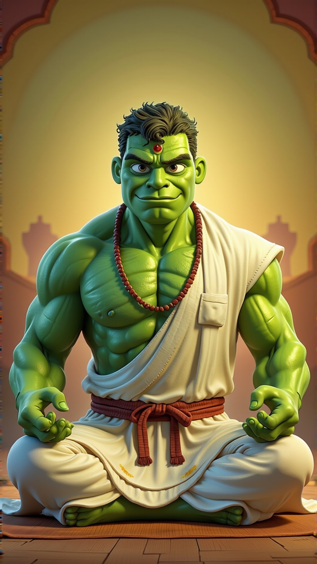 Superhero hulk is in white Indian kurtha and doing meditation in calm and peace with relaxed face