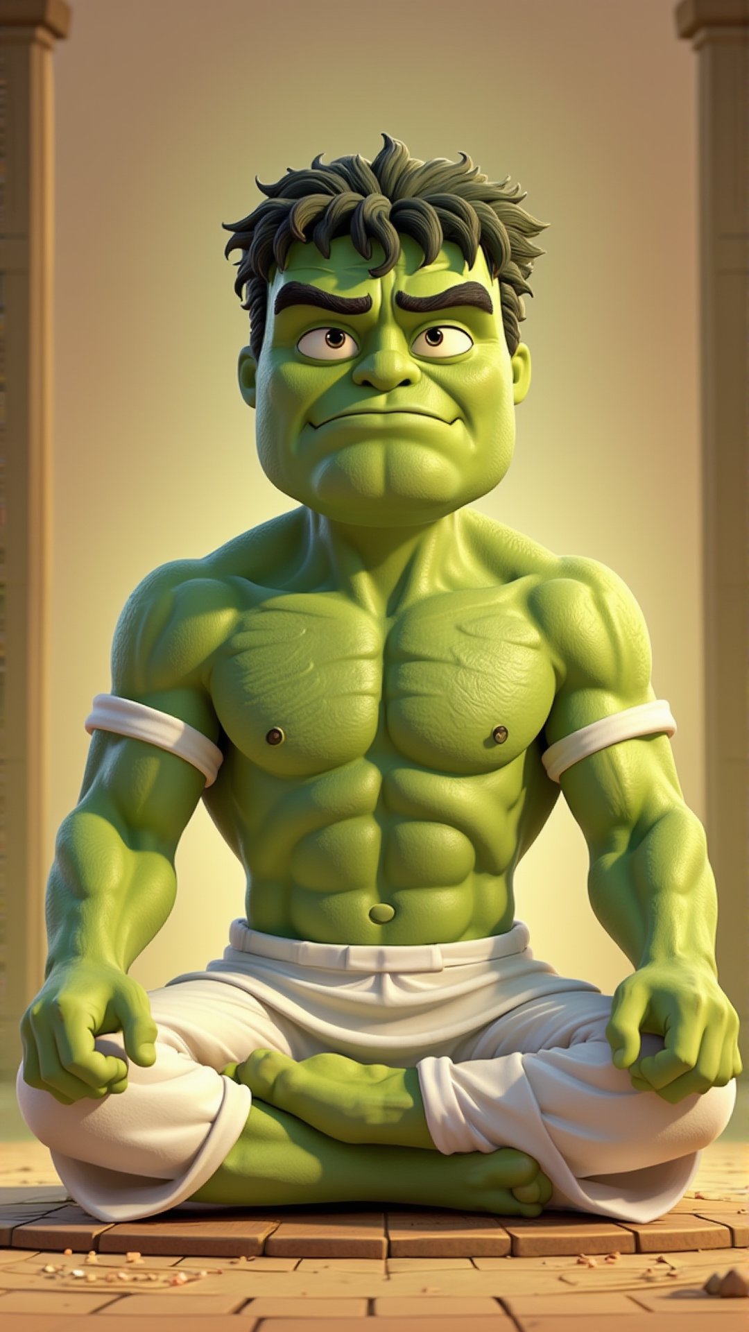 Superhero hulk is in white Indian kurtha and doing meditation in calm and peace with relaxed face