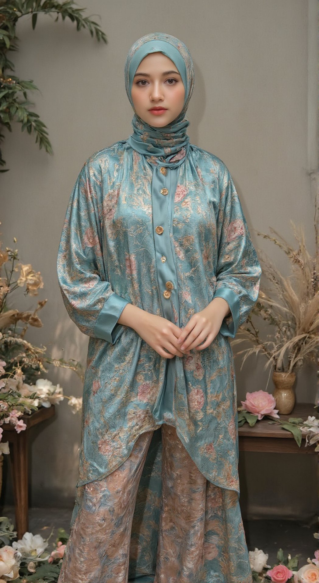 photogtqph an adelliahalim with floral patterns headscarf, dressed in a lake-colored satin cotton robe adorned with Western floral patterns, features a round upright collar, right-side opening, straight sleeves, and a straight cut with no slits at the hem. The inner lining is made of plain silk in lake color, lightly padded with cotton, and adorned with six round buttons plated in gold. This robe is woven with floral patterns in lake-colored satin as the base. She stands in many flowers.