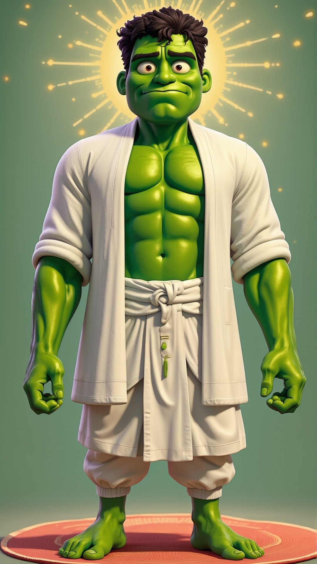 Superhero hulk is in white Indian kurtha and doing meditation in calm and peace with relaxed face