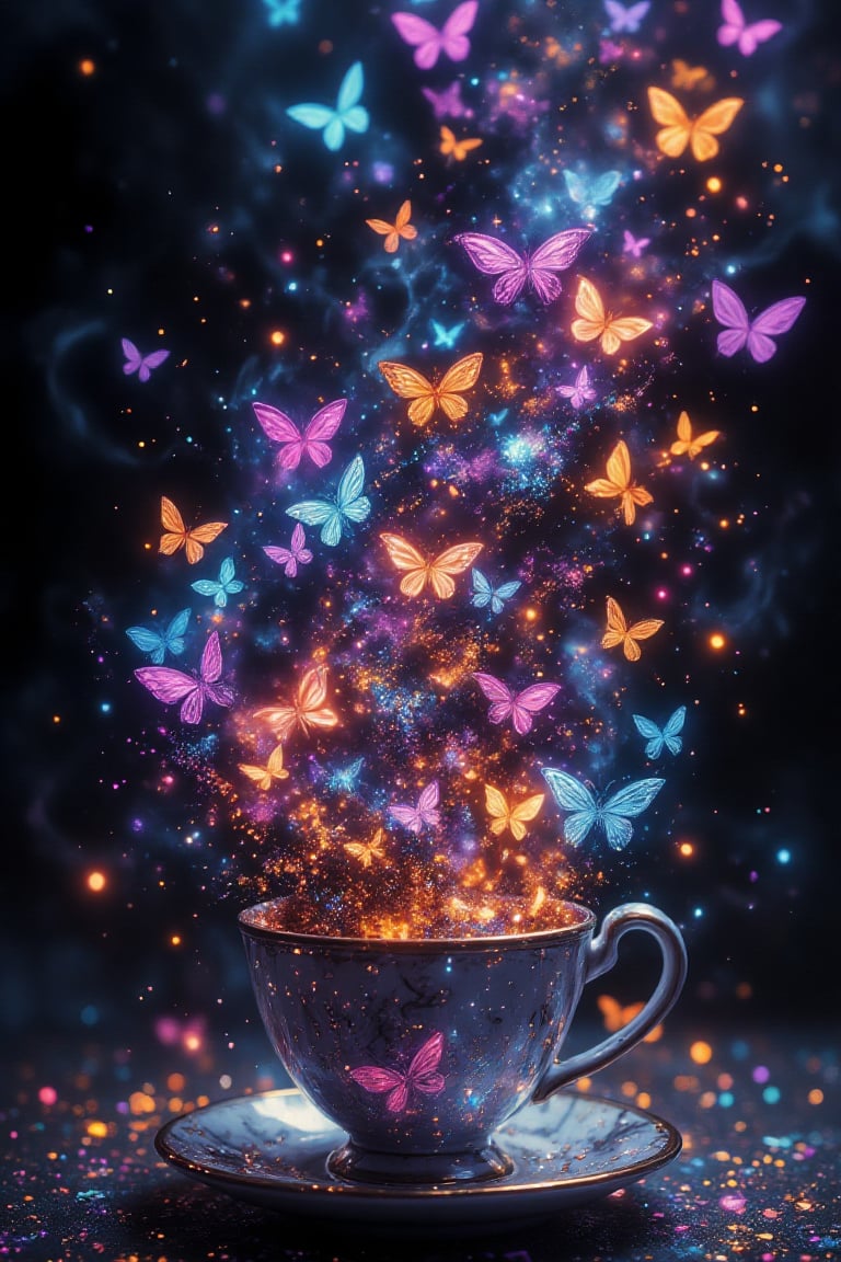 Surreal fantasy tornado Made of butterflies and glitter in tea cup Made of butterflies Surrealism. 8K. UHD. HDR. Photo rea...