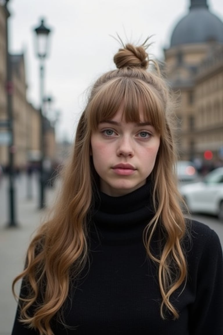 A young woman with long blond hair,  styled in bangs and gathered on top of her head in a knot. She's wearing a black turt...