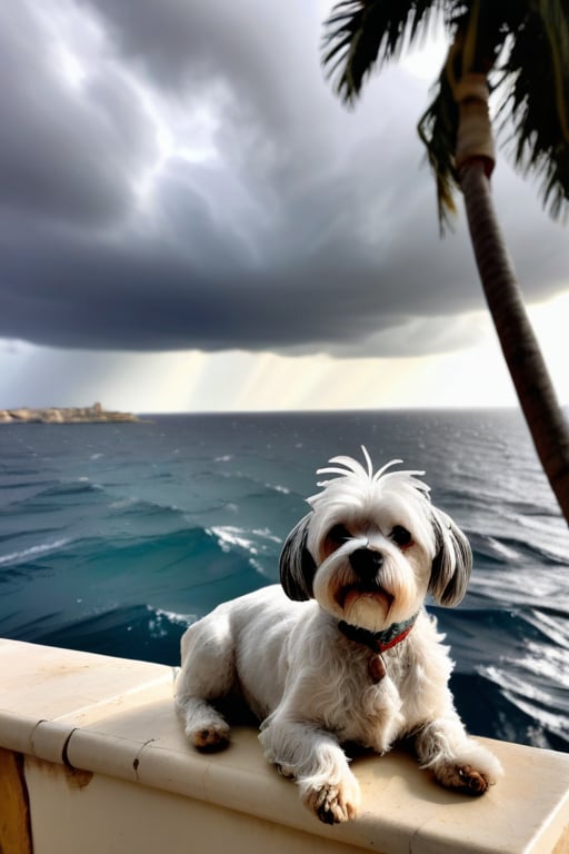 under the maltese silk dog must be a boat on  rough seas,  strong sunsine amoung the grey clouds, an island can be seen in the distance  with a palm tree 
