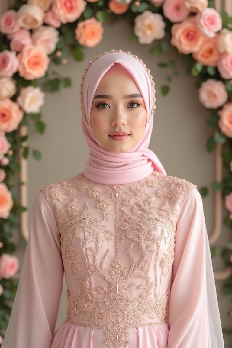 "A beautiful young woman wearing a pastel light pink traditional dress with intricate gold lace embroidery, paired with a matching hijab. She is posing in front of a floral arch with pastel-colored roses and soft pink leaves. The setting has a warm, elegant background with a soft golden tone. The woman's expression is calm and confident."