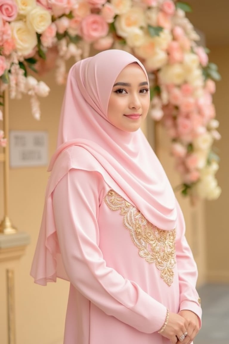 "A beautiful young woman wearing a pastel light pink traditional dress with intricate gold lace embroidery, paired with a matching hijab. She is posing in front of a floral arch with pastel-colored roses and soft pink leaves. The setting has a warm, elegant background with a soft golden tone. The woman's expression is calm and confident."