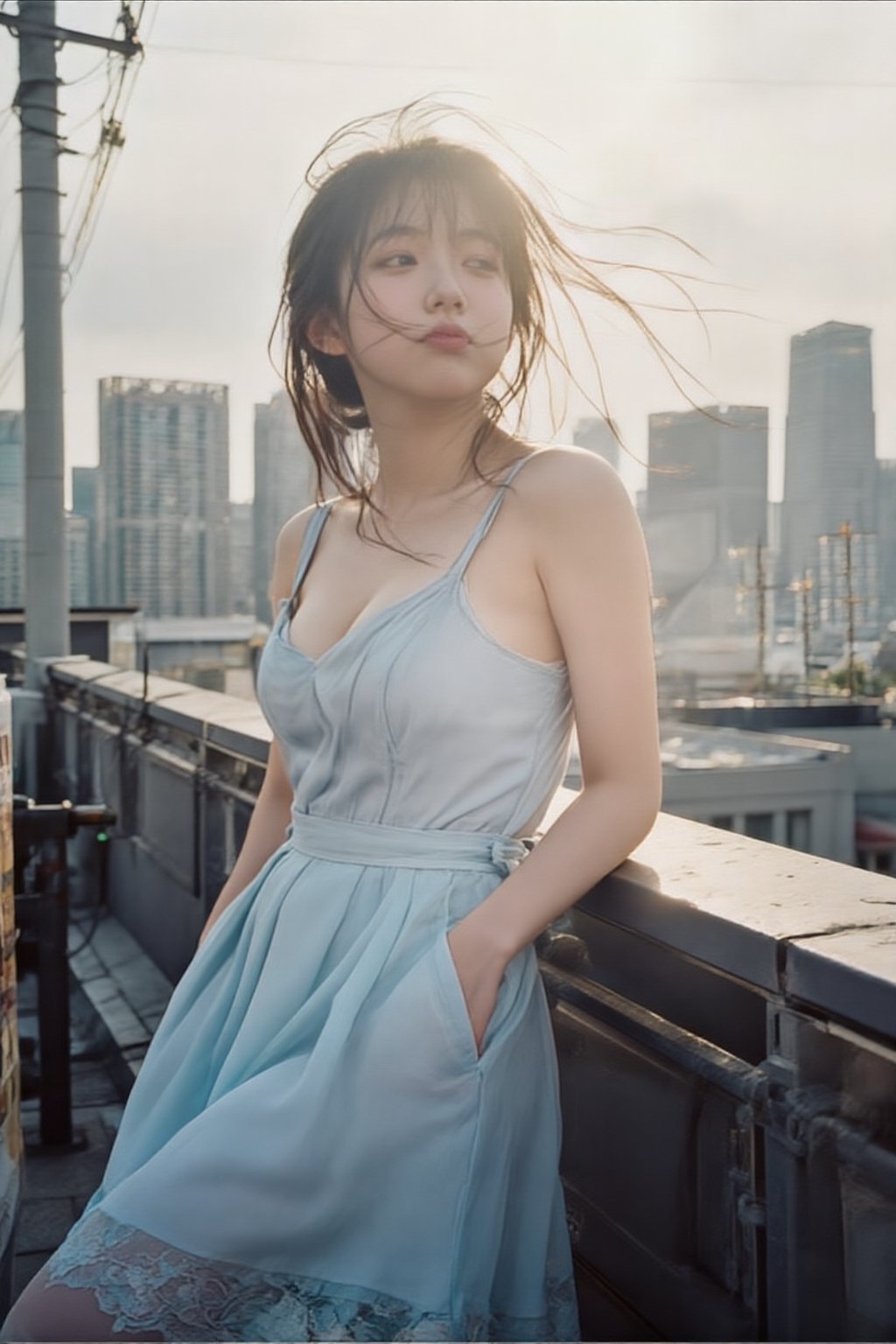 An alluring Korean woman in her 20s wearing a light summer dress (light blue,  flowing),  leaning casually against a rooft...