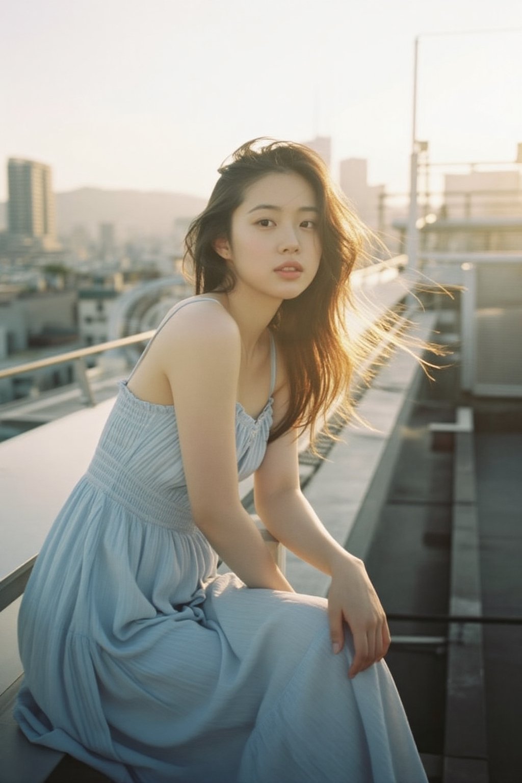 An alluring Korean woman in her 20s wearing a light summer dress (light blue,  flowing),  leaning casually against a rooft...