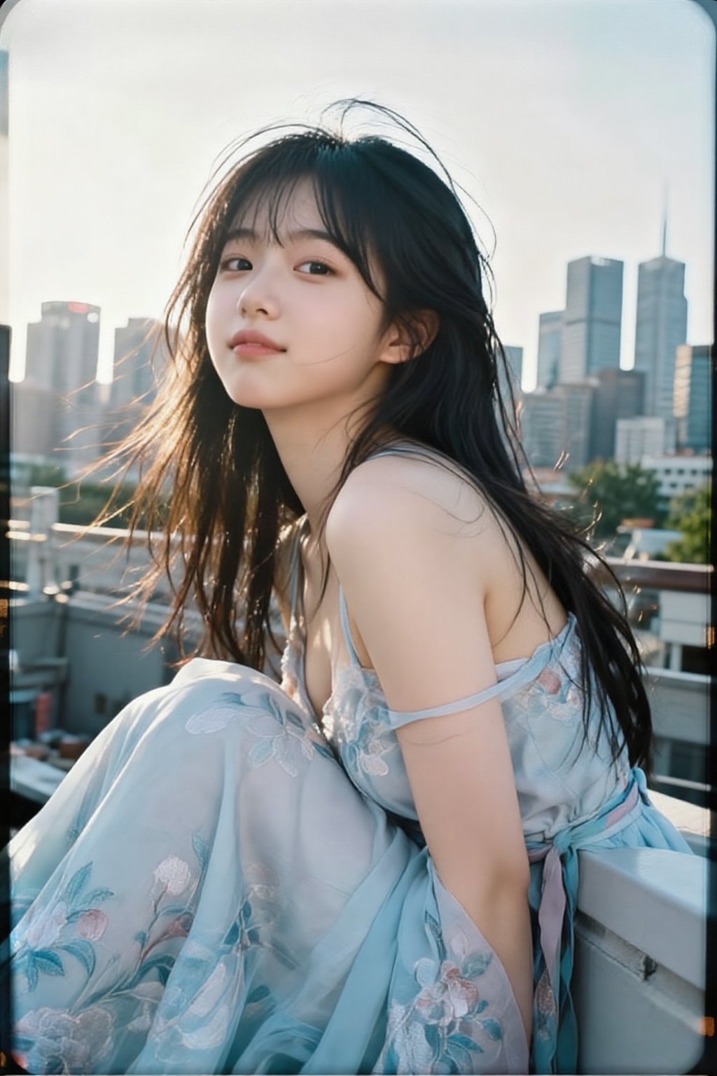 An alluring Korean woman in her 20s wearing a light summer dress (light blue,  flowing),  leaning casually against a rooft...