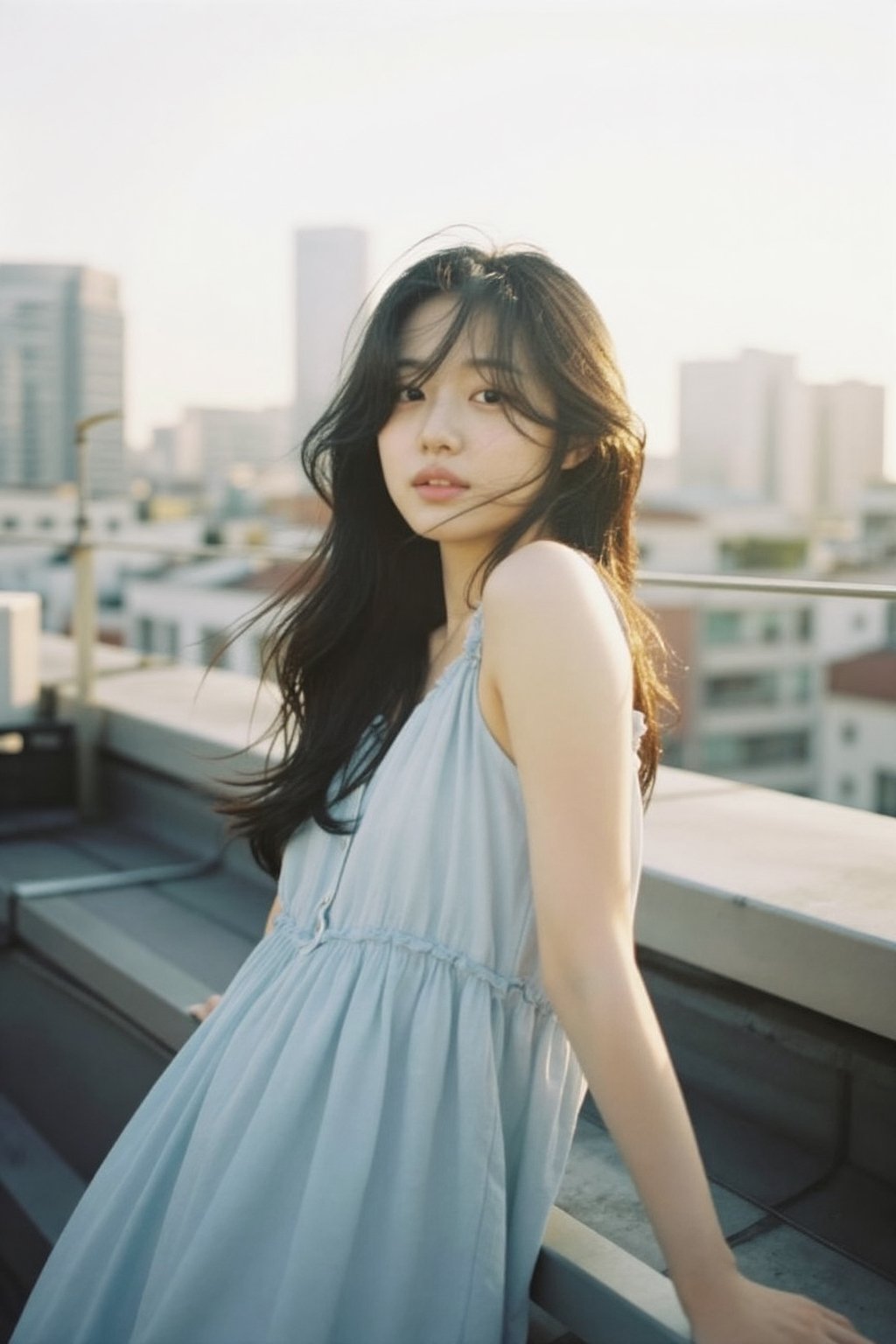 An alluring Korean woman in her 20s wearing a light summer dress (light blue,  flowing),  leaning casually against a rooft...