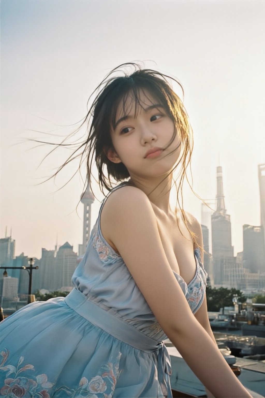 An alluring Korean woman in her 20s wearing a light summer dress (light blue,  flowing),  leaning casually against a rooft...