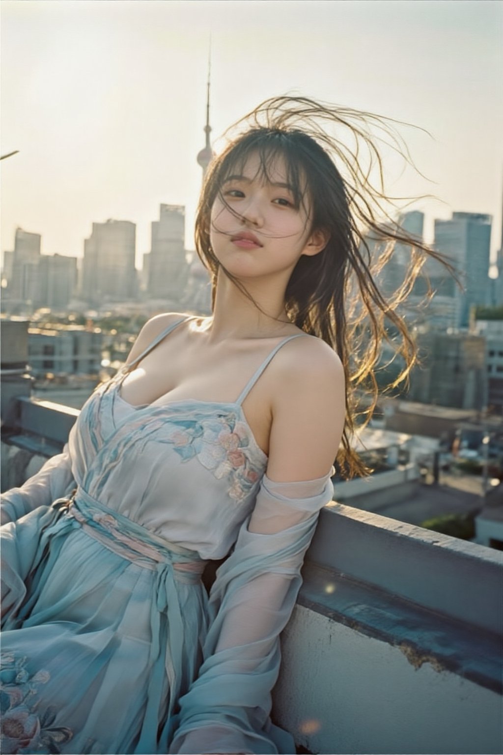 An alluring Korean woman in her 20s wearing a light summer dress (light blue,  flowing),  leaning casually against a rooft...