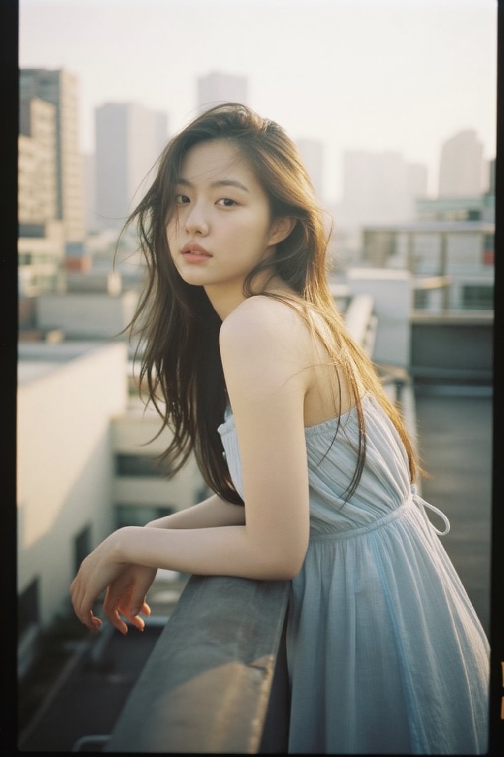 An alluring Korean woman in her 20s wearing a light summer dress (light blue,  flowing),  leaning casually against a rooft...