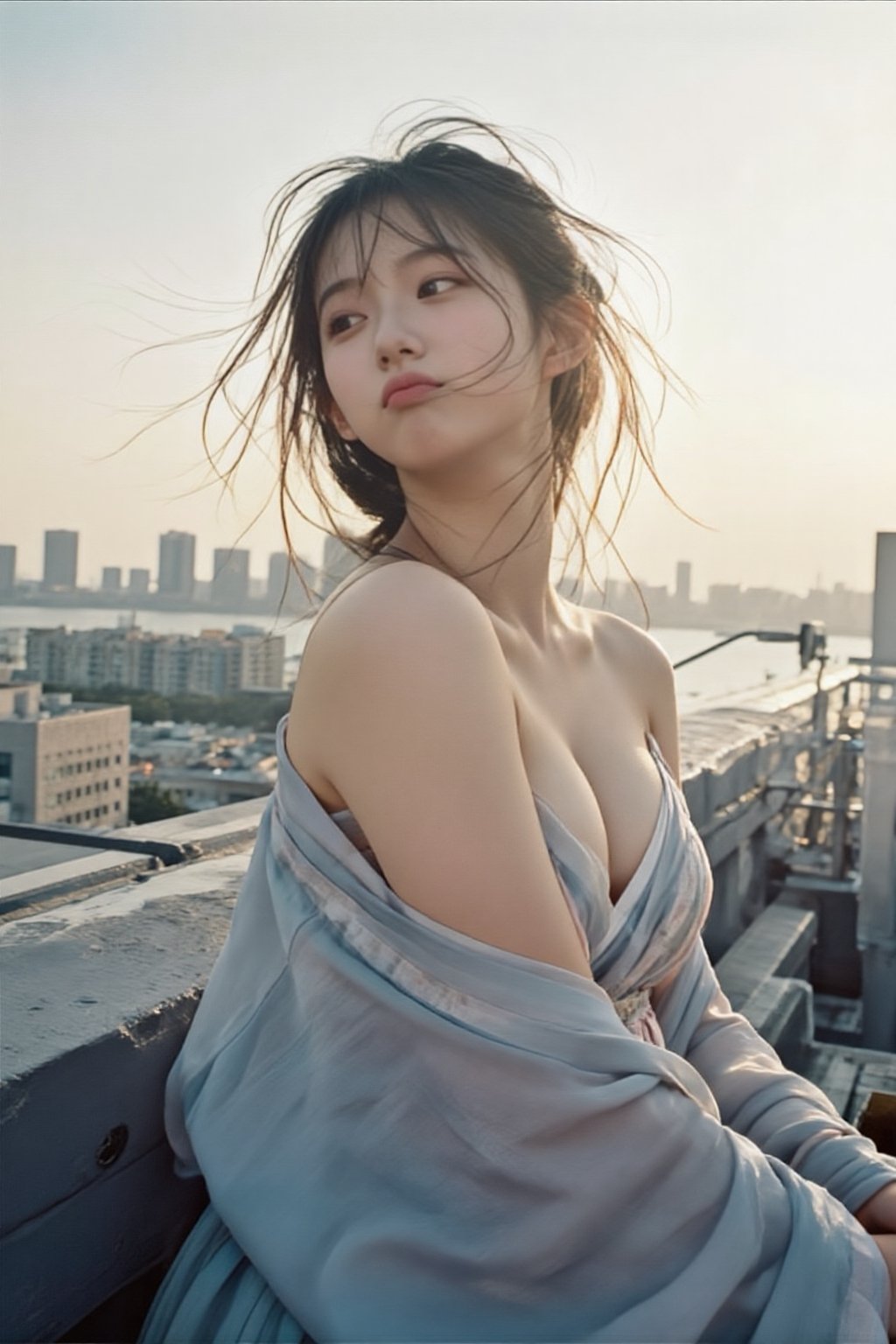 An alluring Korean woman in her 20s wearing a light summer dress (light blue,  flowing),  leaning casually against a rooft...