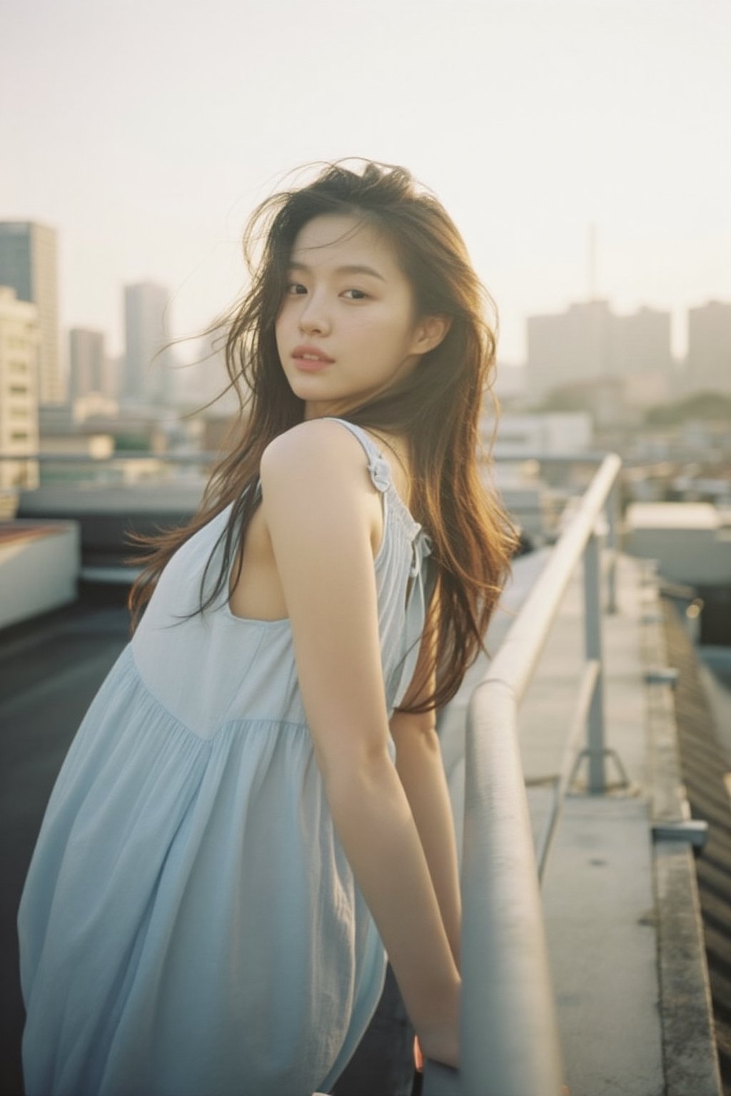 An alluring Korean woman in her 20s wearing a light summer dress (light blue,  flowing),  leaning casually against a rooft...