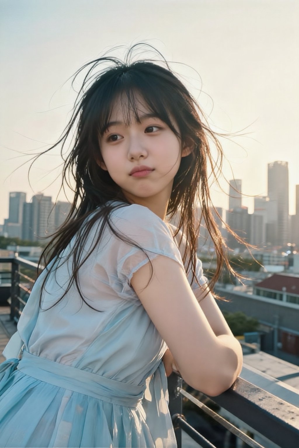 An alluring Korean woman in her 20s wearing a light summer dress (light blue,  flowing),  leaning casually against a rooft...