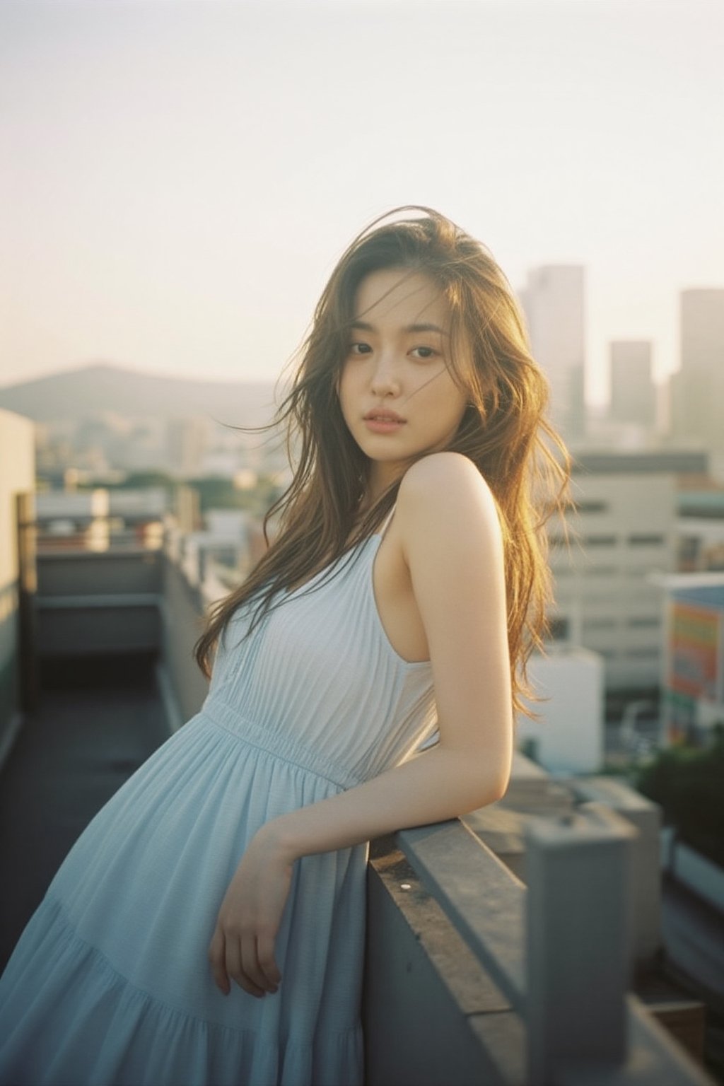 An alluring Korean woman in her 20s wearing a light summer dress (light blue,  flowing),  leaning casually against a rooft...
