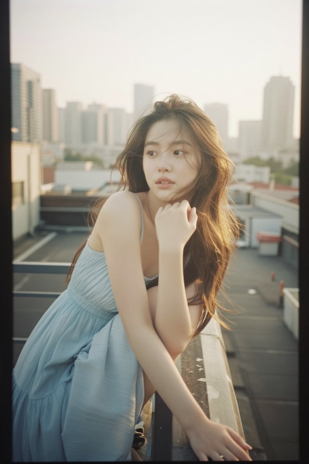 An alluring Korean woman in her 20s wearing a light summer dress (light blue,  flowing),  leaning casually against a rooft...