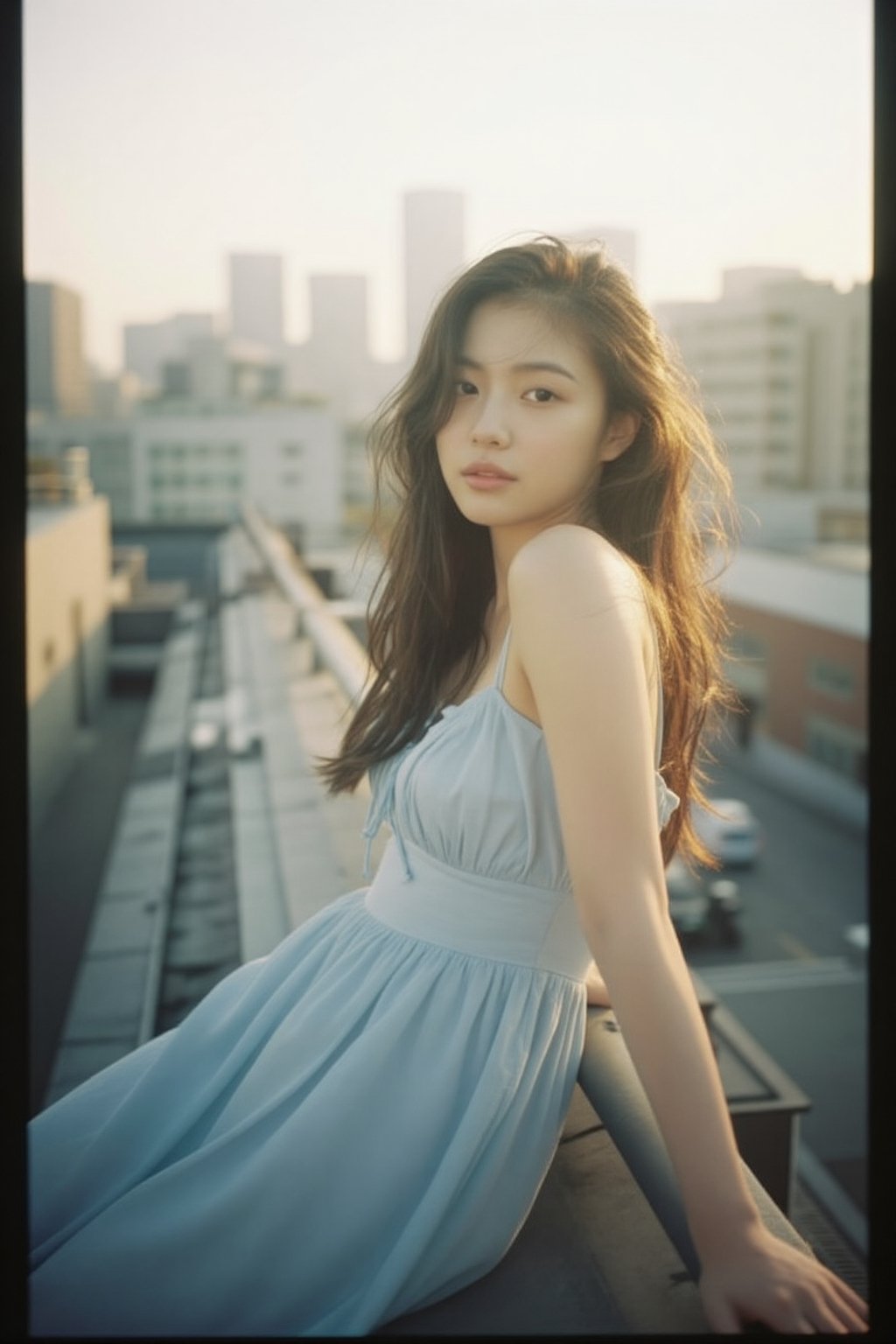 An alluring Korean woman in her 20s wearing a light summer dress (light blue,  flowing),  leaning casually against a rooft...