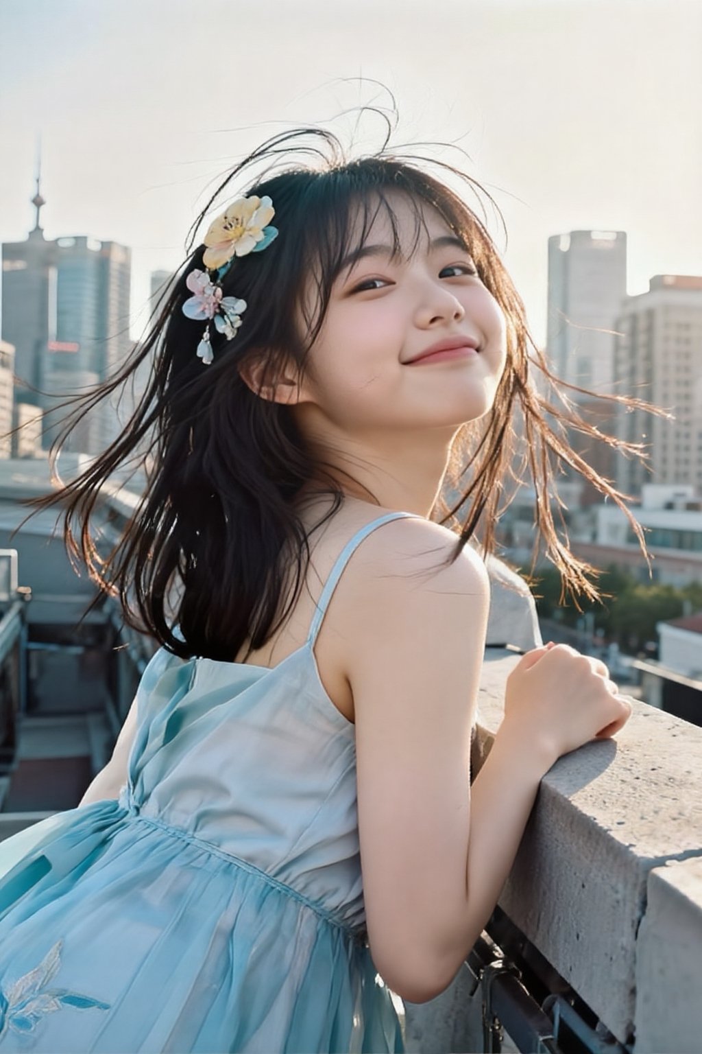 An alluring Korean woman in her 20s wearing a light summer dress (light blue,  flowing),  leaning casually against a rooft...