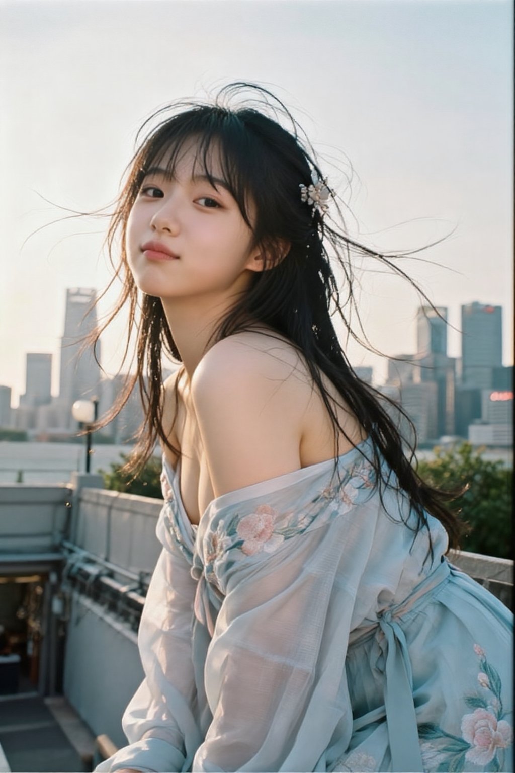 An alluring Korean woman in her 20s wearing a light summer dress (light blue,  flowing),  leaning casually against a rooft...
