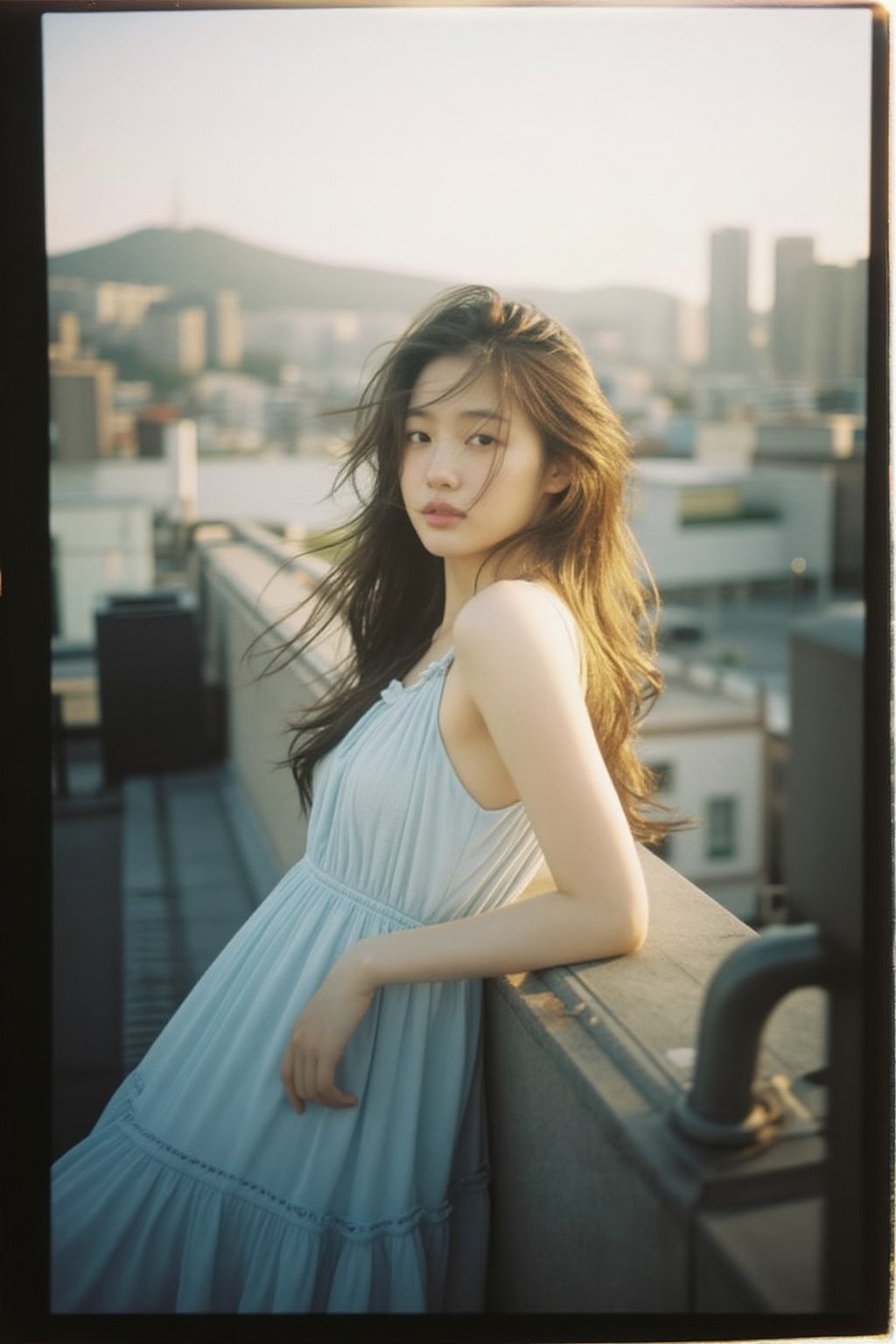 An alluring Korean woman in her 20s wearing a light summer dress (light blue,  flowing),  leaning casually against a rooft...