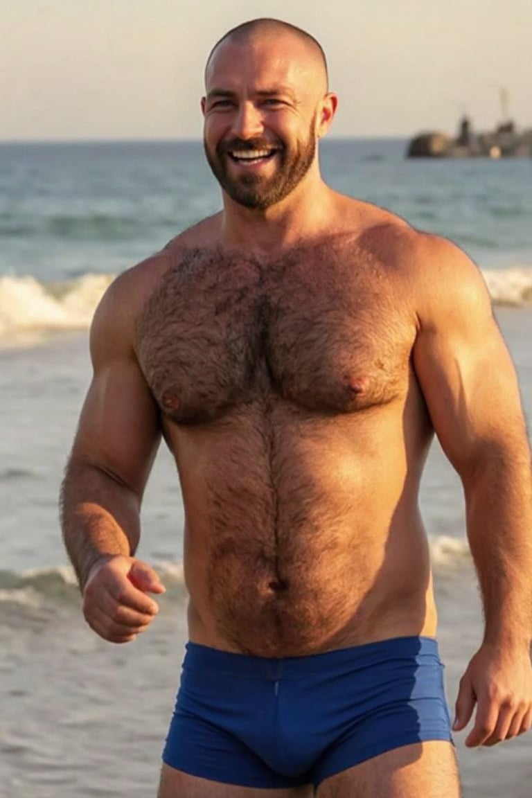 a muscle thick bearded bald 45 year old man walking by the beach towards the camera wearing blue short tight speedos swimsuit  smiling to the camera with one hand over his over-hairy chest  hair that are glistening with sweat and the golden hour sun light,perfection style v3