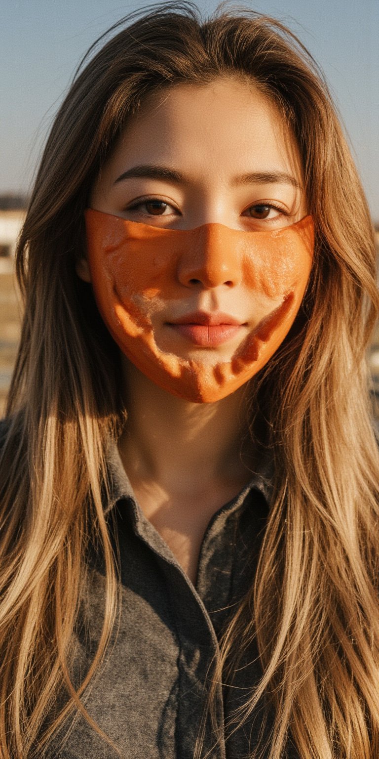 medium close up shot of woman wearing pumpkin mask