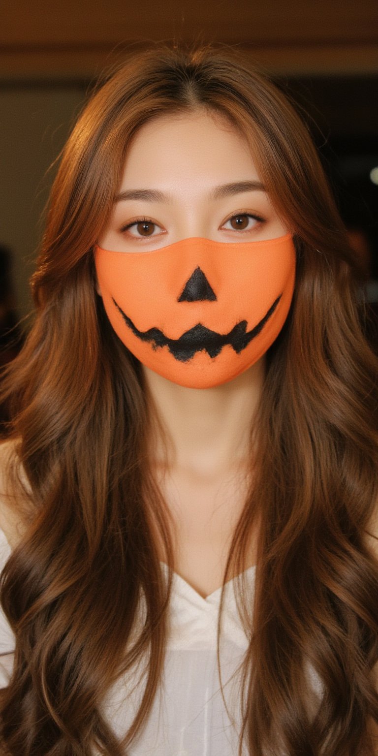 medium close up shot of woman wearing pumpkin mask