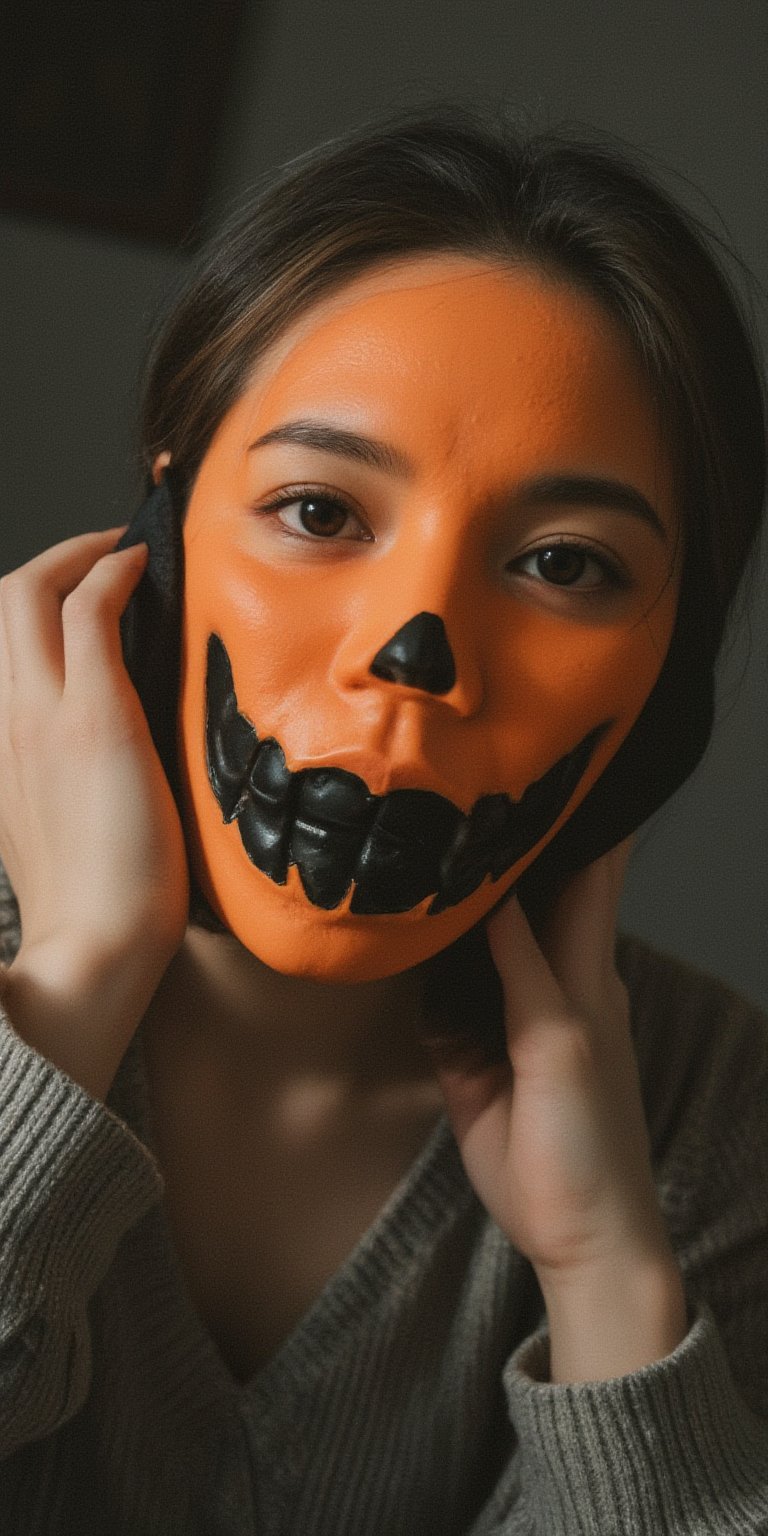 medium close up shot of woman wearing pumpkin mask