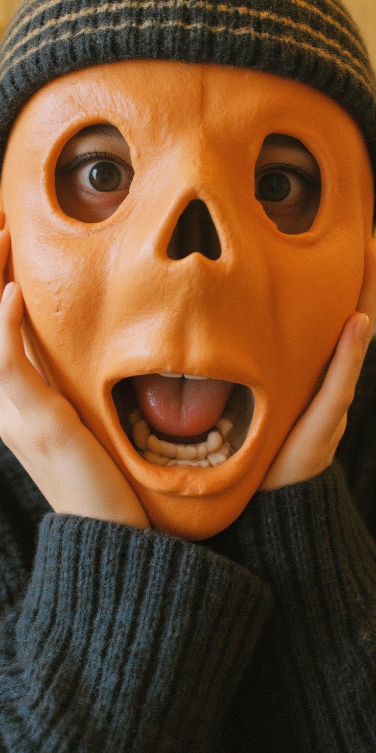 medium close up shot of woman wearing pumpkin mask