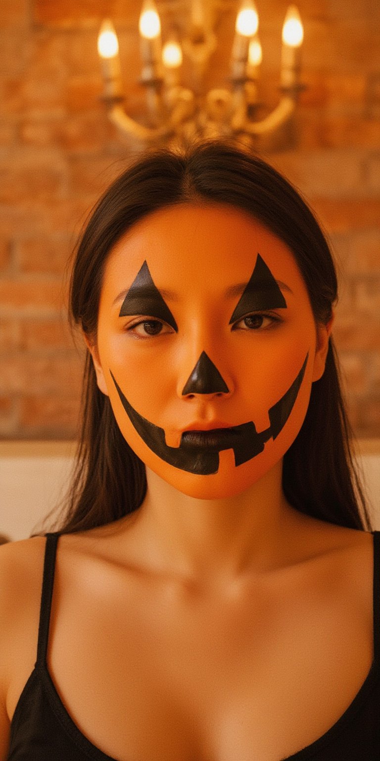 medium close up shot of woman wearing pumpkin mask