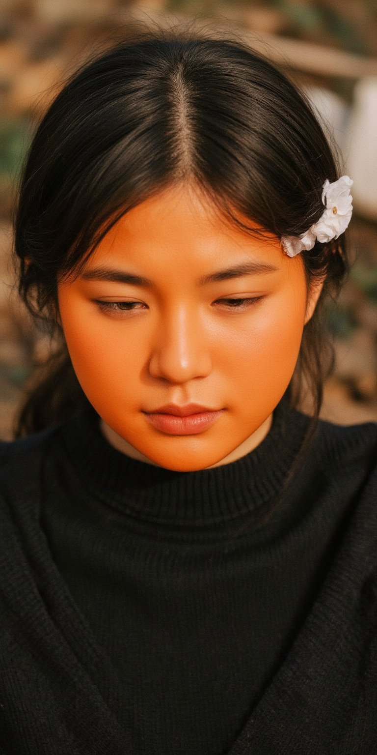 medium close up shot of woman wearing pumpkin mask