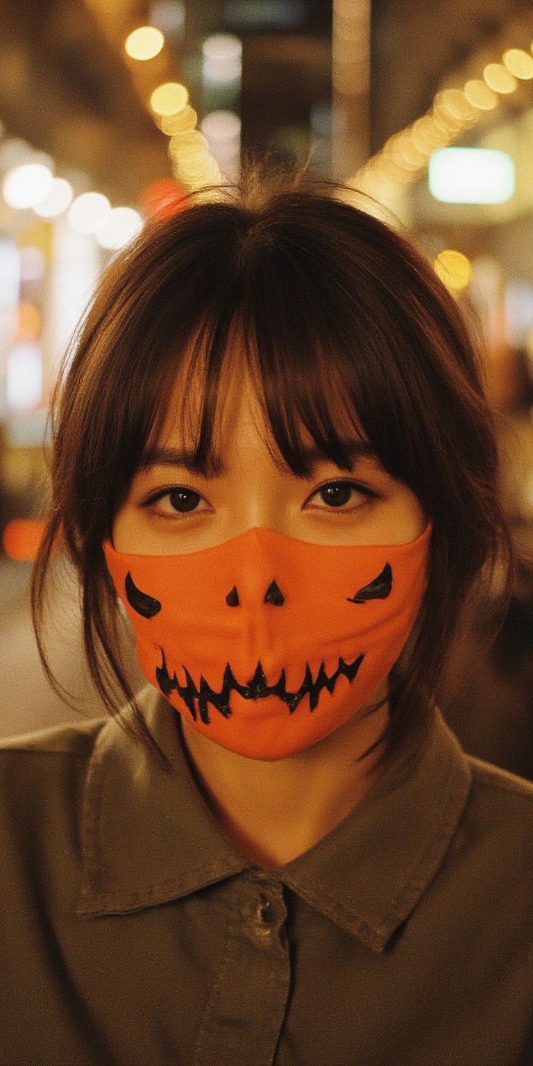 medium close up shot of woman wearing pumpkin mask