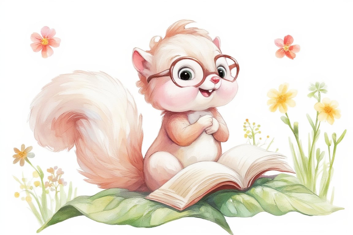 (A cute Squirrel, white smooth pink and light brown are his body color, he has big adorable eyes, wearing a reading glass and curly hair. he is reading book lookig up and laughing, and sitting on a big leaf, plants, flower around him. fantasy texture watercolor illustration in white background for children book.